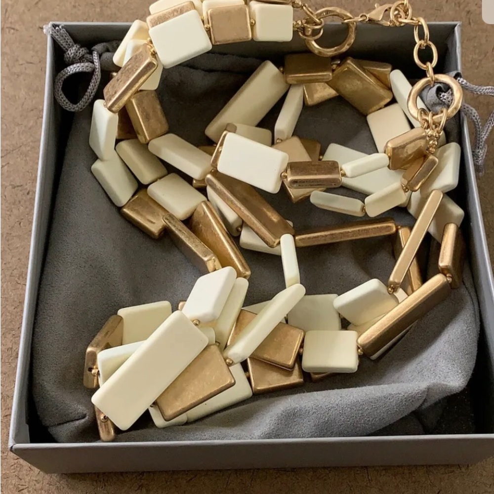 HSN MarlaWynne Women's Cream/Gold Tone 28" Multi-Tile 3-Row Necklace NWOT